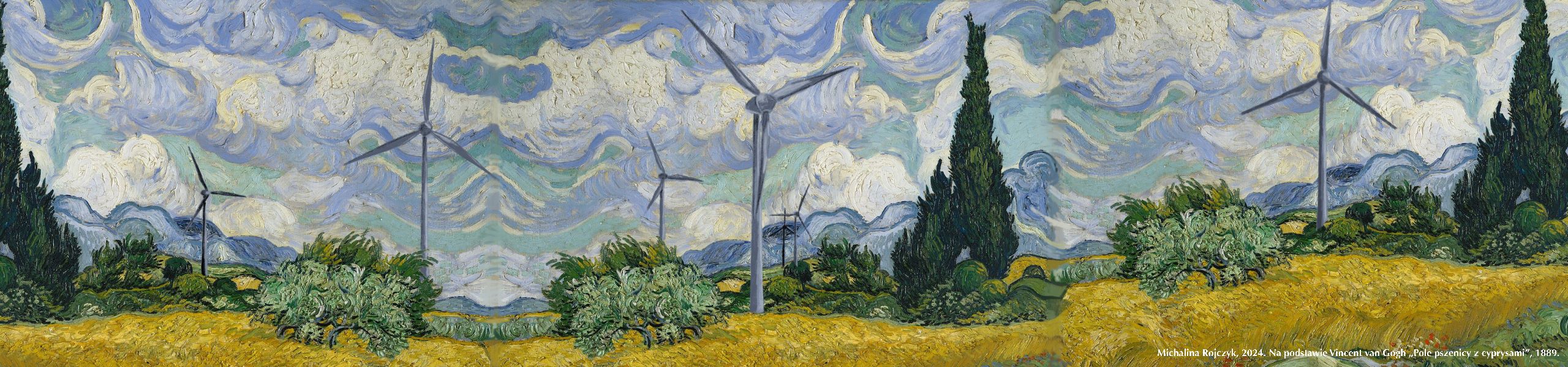Pejzaż z cyprysami — grafika Michaliny Rojczyk na podstawie Vincenta van Gogha ‘Pole pszenicy z cyprysami’, 1889.